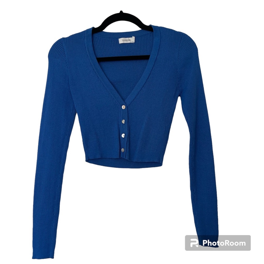 Glassons Victorian Blue Recycled Knit Cropped Long Sleeve Cardigan Size S